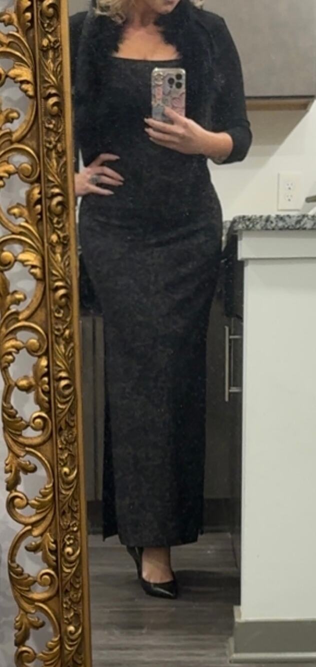 Vintage 90s Y2K French Curve Sz L Black Rose Print Stretch Long Bodycon Dress *